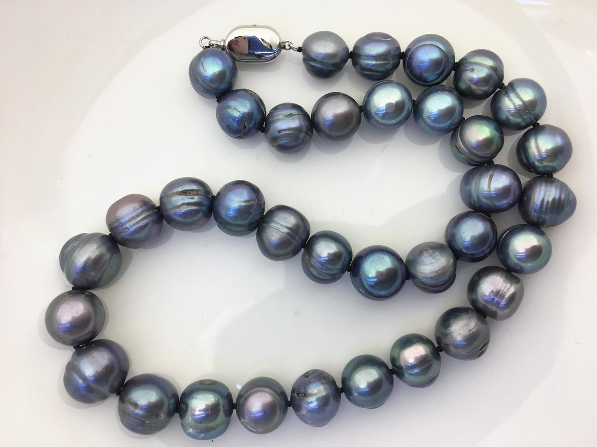 18 inches 11.5-12.5mm big AA Black Deep Blue potato freshwater Pearl necklace, genuine freshwater Pearl necklace, NPN1-122-3