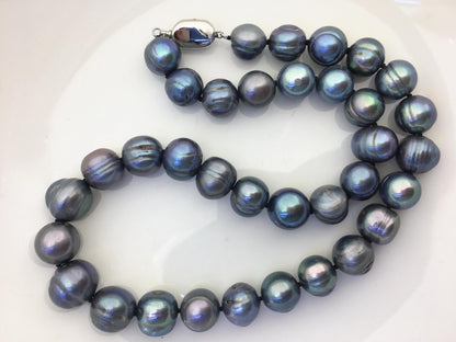 18 inches 11.5-12.5mm big AA Black Deep Blue potato freshwater Pearl necklace, genuine freshwater Pearl necklace, NPN1-122-3