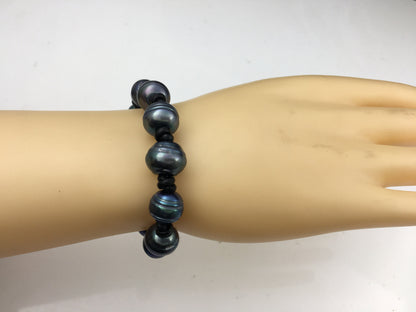 Metallic Blue Button pearl bracelet, Leather Pearls Bracelet, Handmade Cuff, Black Pearls on Brown Leather, Black leather bracelet, Le7-098