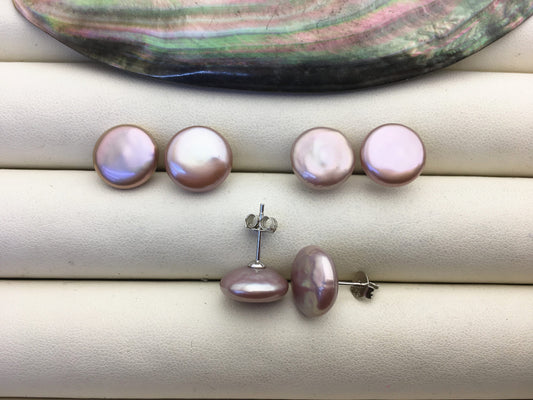 1 pair AAA 11-12.5mm Purple Coin Fresh Water pearl stud earrings,S925 Sterling Silver,dangle pearl earrings,SE3-T29