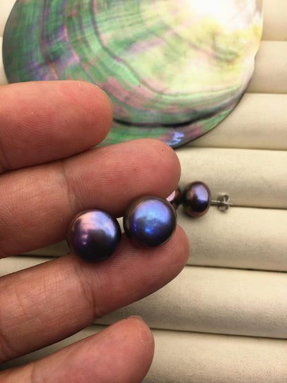 AA+ 12-13mm big black rainbow button round Pearl Stud Earrings, freshwater pearl earrings, classic pearl studs, SE1-069-28