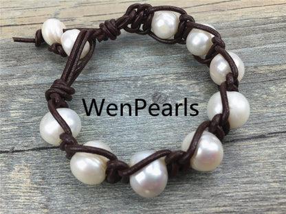 Big potato pearl bracelet, Leather Pearls Bracelet, Handmade Cuff, White Pearls on Brown Leather, Black leather bracelet, Le7-032