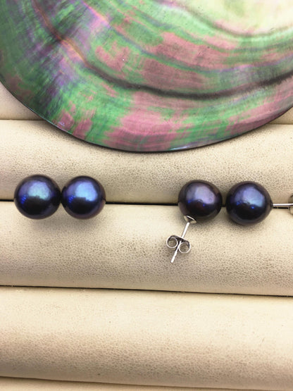 1 pair AA+ 9-10mm black round edison pearl stud earrings, S925 Sterling Silver stud earrings, wedding pearl earrings, SE3-T9-59