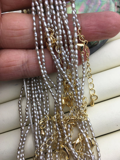 14.5+2'' AA+ 1.8-2mm tiny gray rice freshwater Pearl necklace, genuine freshwater Pearl necklace, Natural Pearl Necklace, NPN1-146