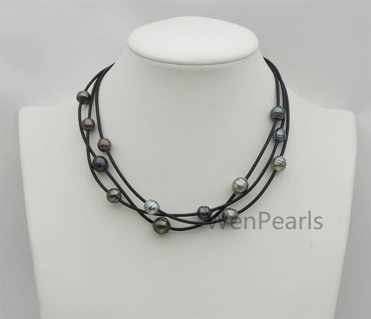 Tahitian Pearl and Leather Necklace, Floating pearl and leather Necklace, Multi-Strand Pearls necklace, Le11-024