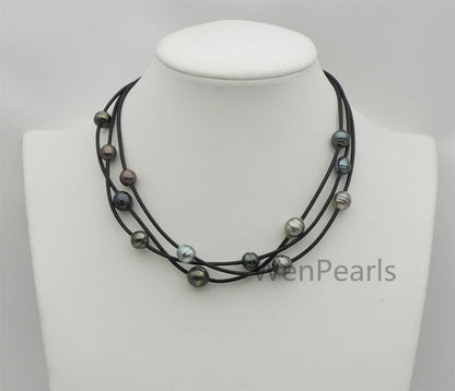 Tahitian Pearl and Leather Necklace, Floating pearl and leather Necklace, Multi-Strand Pearls necklace, Le11-024
