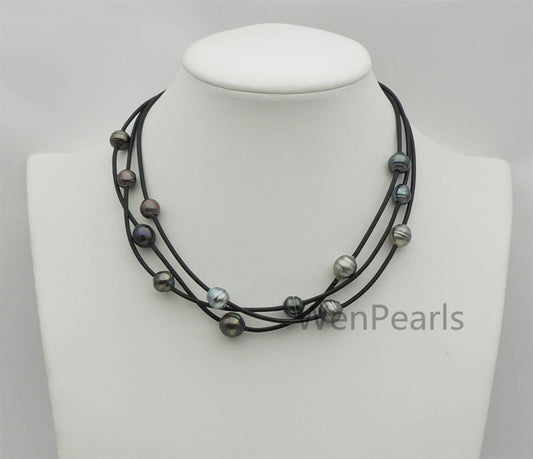 Tahitian Pearl and Leather Necklace, Floating pearl and leather Necklace, Multi-Strand Pearls necklace, Le11-024