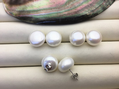 1 pair AA 13-14mm big white baroque round Pearl Stud Earrings, freshwater pearl earrings, classic pearl studs, SE1-069-22