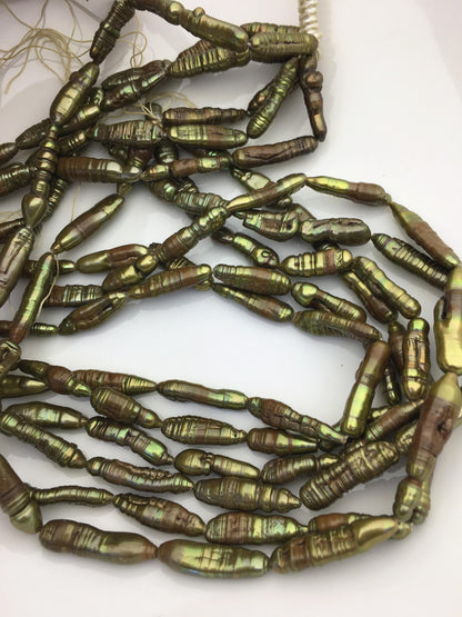 A 6-7mm green yellow toothpick Biwa Pearl Necklace,Genuine Fresh Water Pearl,Wedding Necklace,Mothers Day,ZS-80-10-14