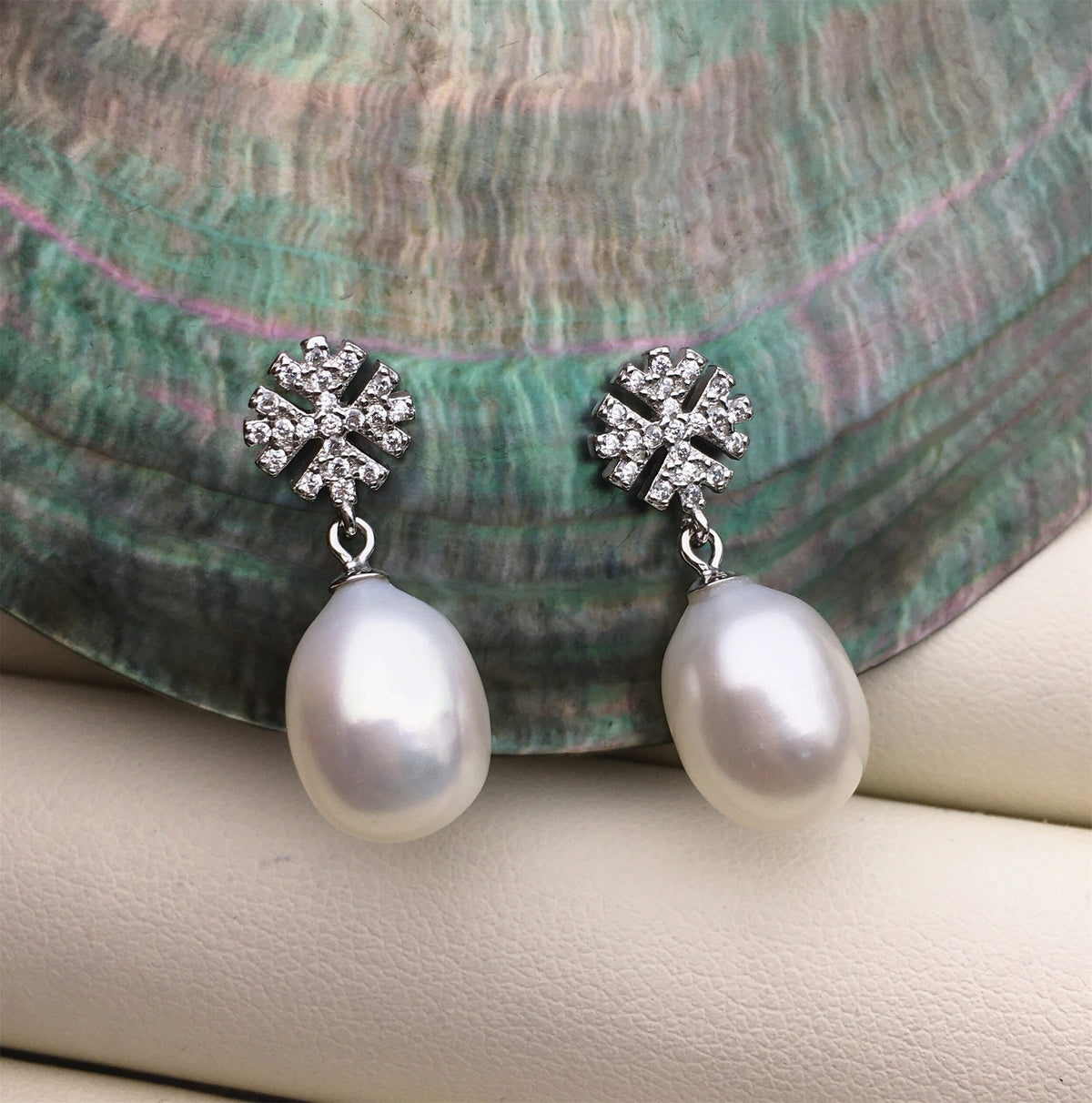 AAA 9mm Snow White rice pearl cz stud earrings, zircon S925 Sterling Silver pearl earrings, SE3-052
