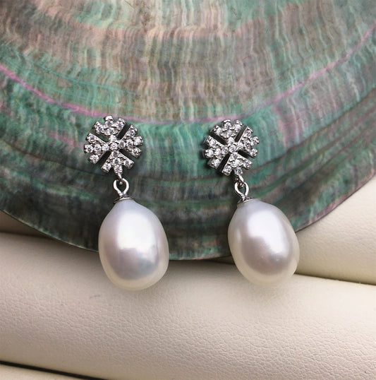 AAA 9mm Snow White rice pearl cz stud earrings, zircon S925 Sterling Silver pearl earrings, SE3-052