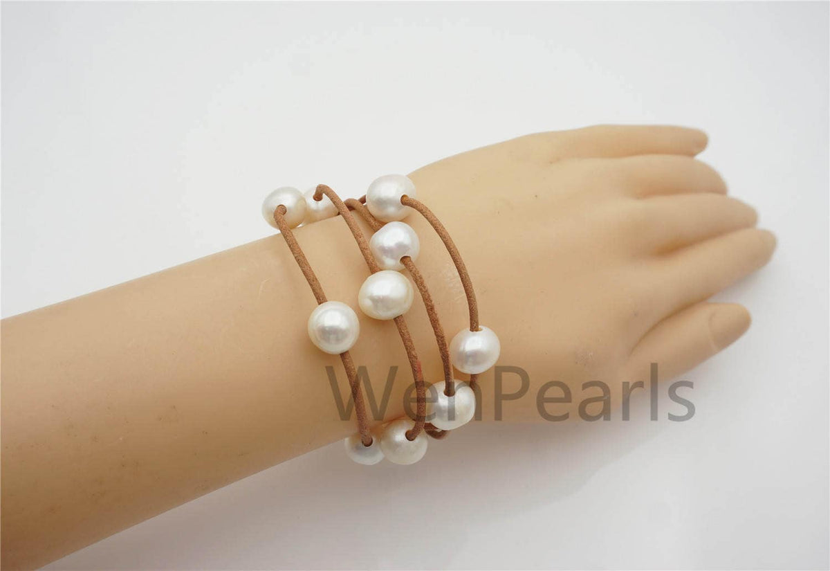 4 rows 12mm Big White Pearl leather bracelet, Rare Potato Nugget Shape pearl,Select leather color,Handmade Cuff,Le7-108