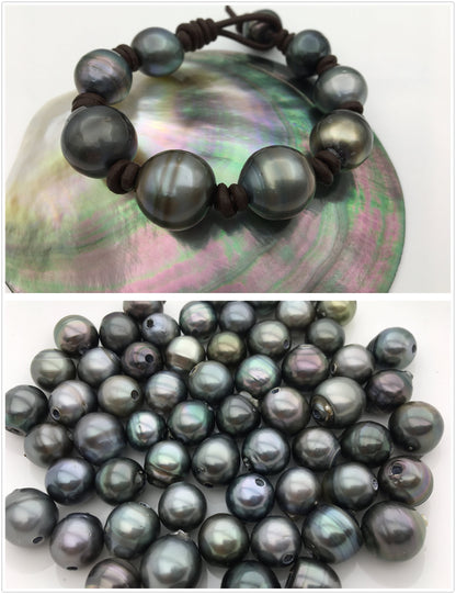 10.5-12mm Real Tahitian pearl bracelet, High Luster pearl, Pearl Leather bracelet, Taitian pearl bracelet, Black Leather bracelet, Le10-009