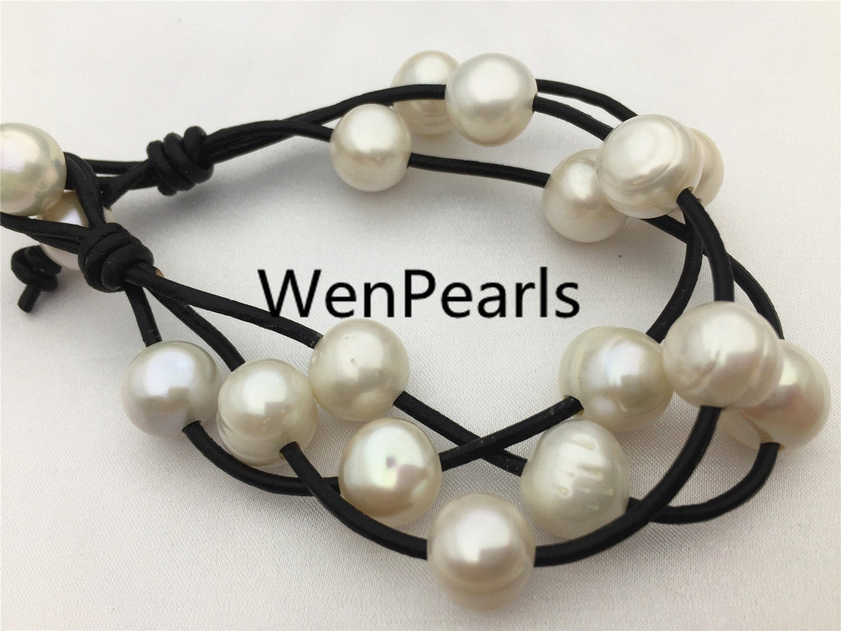 12mm potato pearl Bracelet, leather pearl bracelet, Handmade Cuff, White Pearls on Brown Leather, Black leather bracelet, Le7-075