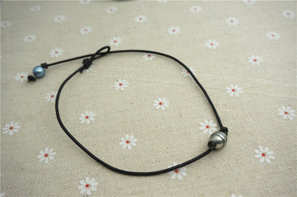 9-11mm Tahitian Leather pearl choker Necklace, hand rolled and knotted leather necklace, Black Leather Pearl necklace, Le11-008