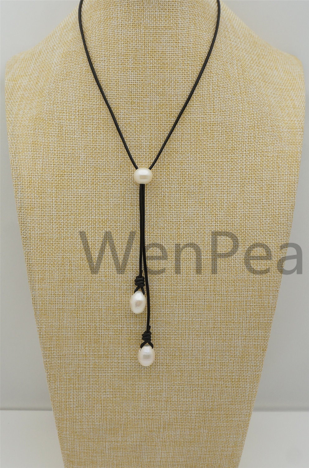 Two Drop Big White Pearl Leather necklace, White Freshwater pearl, Black Leather Pearl necklace, Select leather color, Le4-065