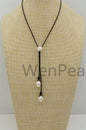 Two Drop Big White Pearl Leather necklace, White Freshwater pearl, Black Leather Pearl necklace, Select leather color, Le4-065