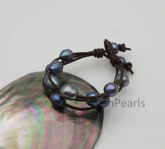 9mm black rice pearl leather bracelet- 3 rows Leather Pearls Bracelet - Misc Color Pearl - Real leather - Le7-181
