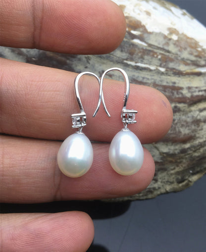AAA 9mm white oval rice pearl cz stone dangle earrings, S925 Sterling Silver pearl earrings, SE3-082