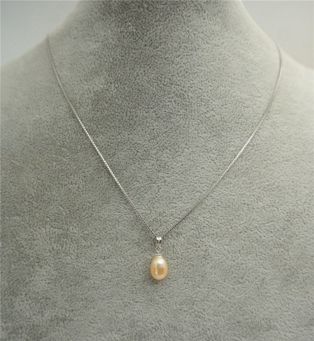 AAA 9mm White oval pearl pendant necklace,Select Pearl Color - Rice Pearl necklace - 925 silver chain - NC1-003