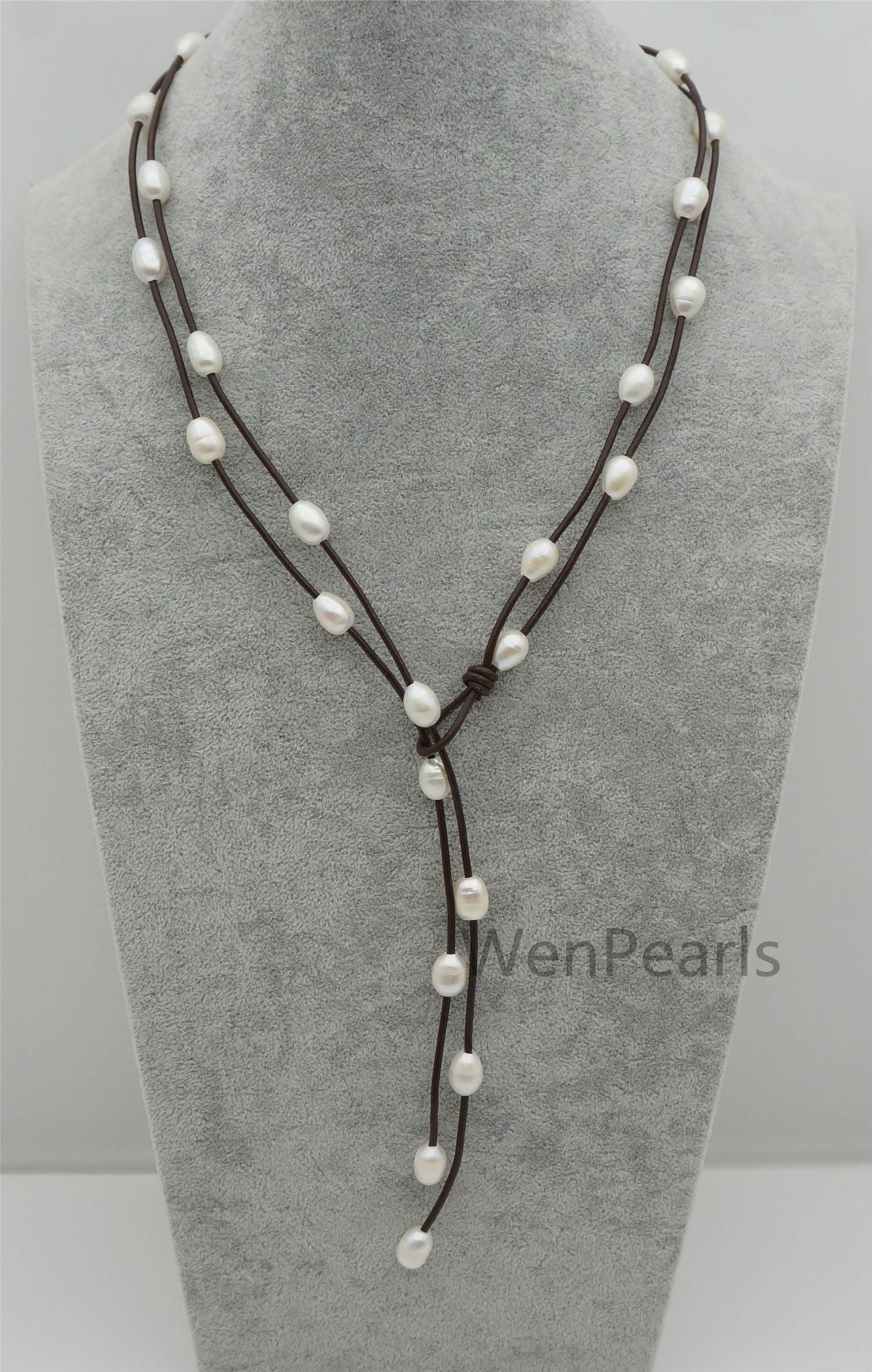 White rice pearl leather necklace,Pearl and Leather Lariat Necklace,Leather Pearl necklace,Tan leather,Le4-086