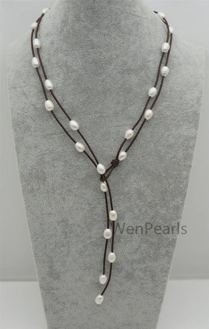 White rice pearl leather necklace,Pearl and Leather Lariat Necklace,Leather Pearl necklace,Tan leather,Le4-086