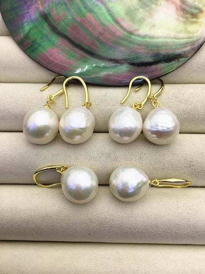 1 pair AAA 12-13mm white drop edison pearl dangle earrings, Gold S925 Sterling Silver earrings, wedding pearl earrings, SE3-T9-25