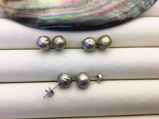 2 pairs AA+ 9-10mm gray baroque near round edison pearl stud earrings,S925 Sterling Silver stud earrings,SE3-T68