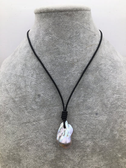 Big Gray Flameball pearl and leather necklace, Baroque Freshwater Pearl Drop Necklace, Flaming ball pearl necklace, wholesale, Le4-064