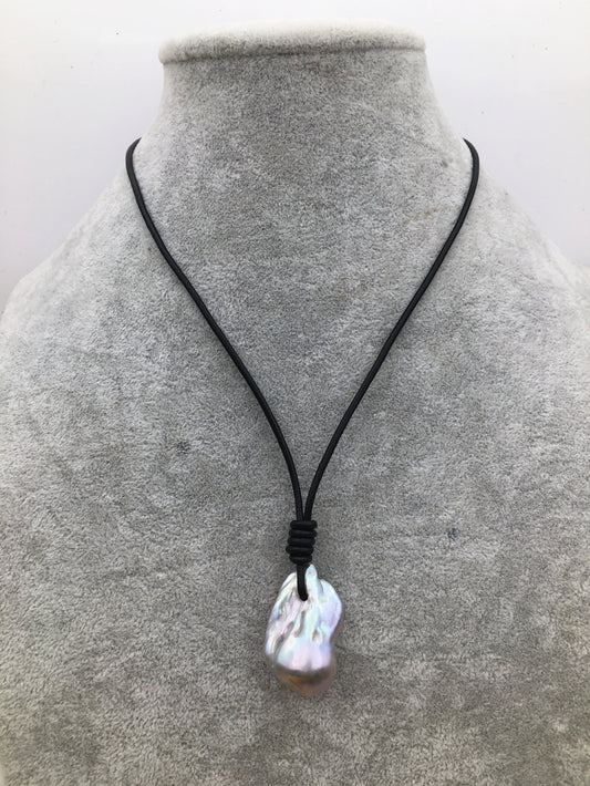 Big Gray Flameball pearl and leather necklace, Baroque Freshwater Pearl Drop Necklace, Flaming ball pearl necklace, wholesale, Le4-064