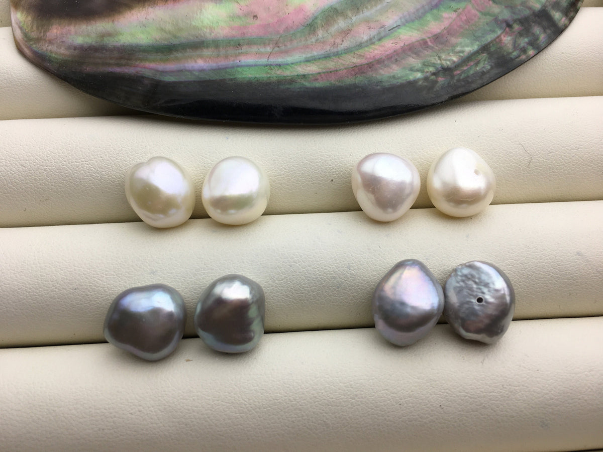 2 pairs AAA 11mm White/Gray Big nugget baroque loose pearl pairs for make stud earrings - 0.9mm bottom half hole - ZS-103-37-20