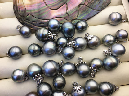 1pc 9-14mm Gray Genuine Tahitian Pearl Pendant, natural color sea pearl,pearl necklace - 925 silver chain - NC1-018