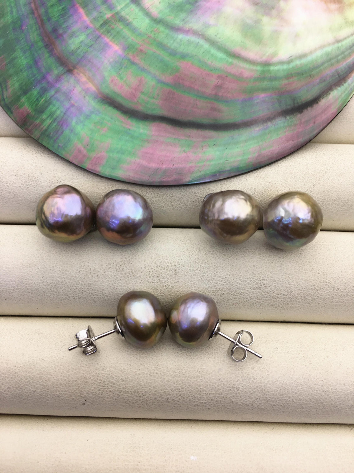 1 pair AA+ 11-12mm gray rainbow baroque near round edison pearl stud earrings, S925 Sterling Silver stud earrings, SE3-T9-9