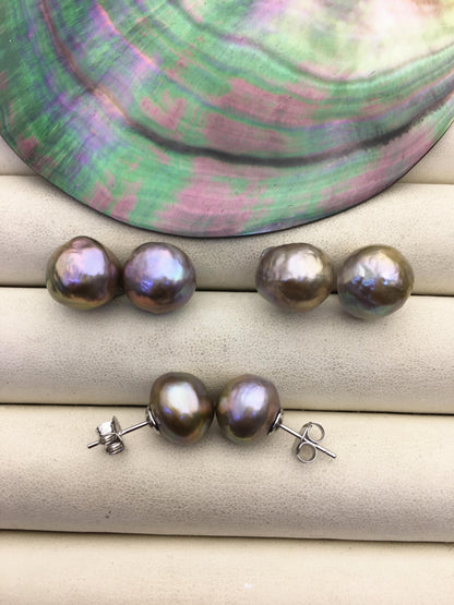 1 pair AA+ 11-12mm gray rainbow baroque near round edison pearl stud earrings, S925 Sterling Silver stud earrings, SE3-T9-9
