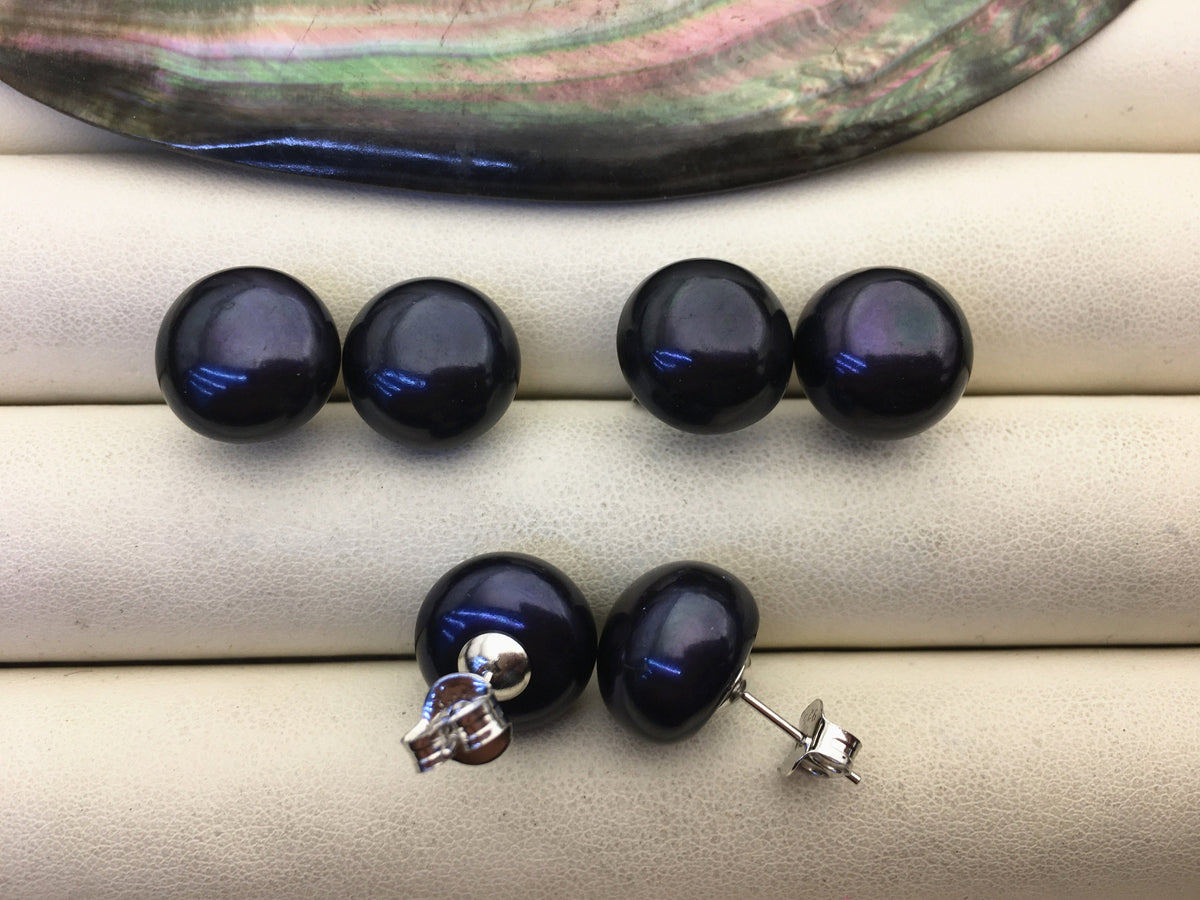 AAA 12-13mm big black blue pearl stud earrings,Sterling Silver,SE1-072