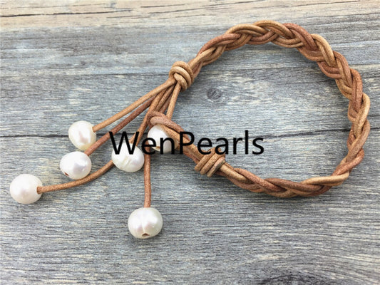 custom length, twisted leather baroque pearl bracelet, knotted freshwater pearl bracelet, 9mm pearl bracelet, Leather Pearls Bracelet, Le7-044