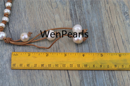 11mm Button Freshwater pearl and leather necklace, Baroque Freshwater Pearl Necklace, white pearl necklace, wholesale, Le3-014