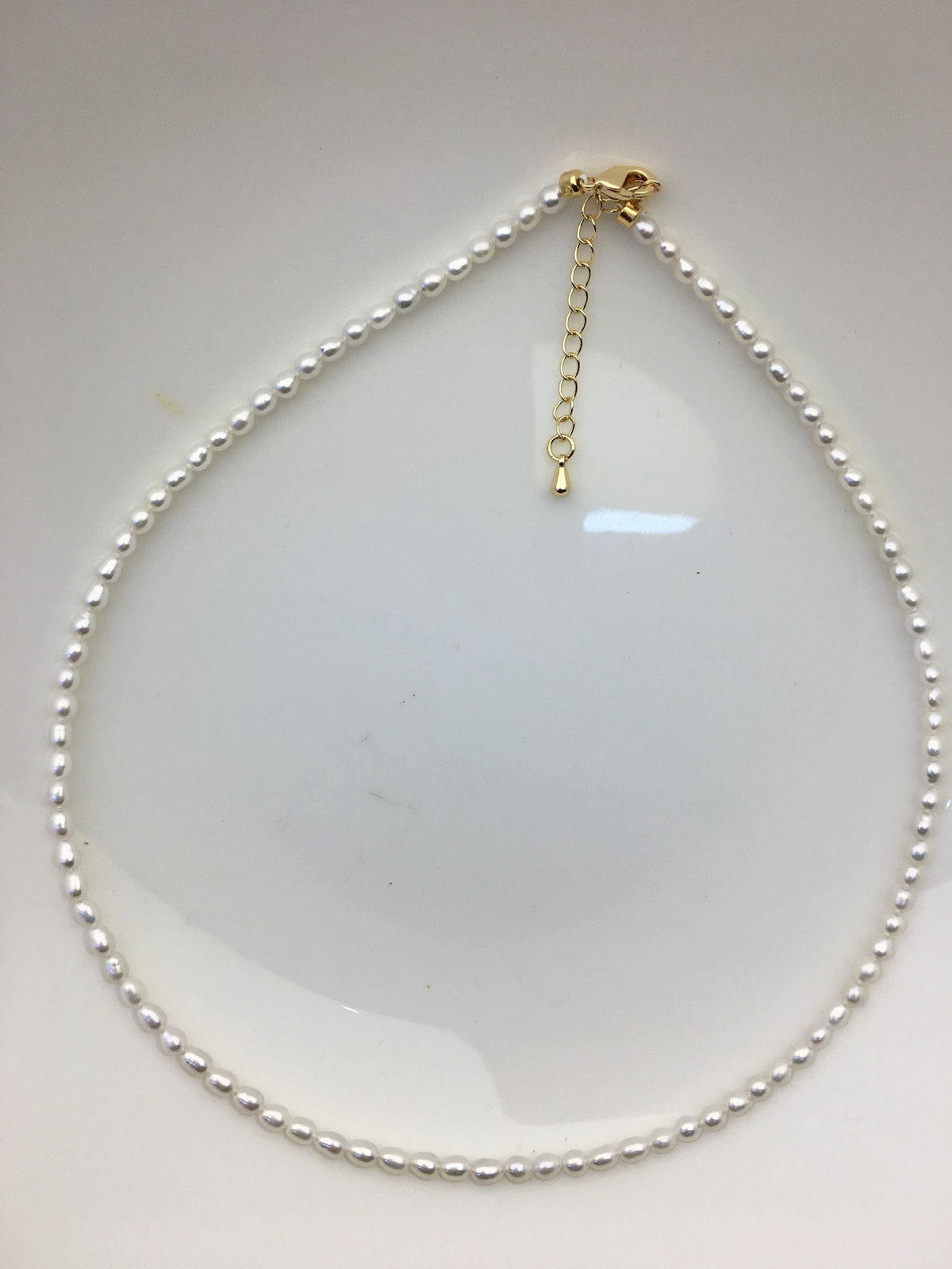 White Rice Freshwater Pearl Necklace — 3–4 mm, with Extender