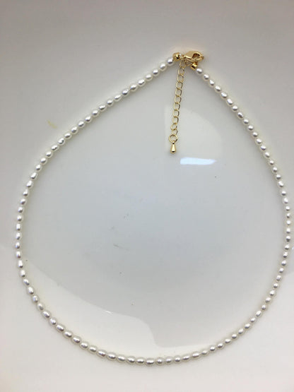 White Rice Freshwater Pearl Necklace — 3–4 mm, with Extender