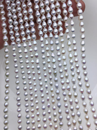 AA+ 4.7-5.1mm*5.5-7mm white baroque rice pearls, Cultured white freshwater pearls beads, teardrop pearl necklace, rice pearl wholesale, LR5-A-1