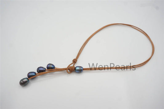 Big Deep Blue Drop Pearl Leather necklace, Black Freshwater pearl, Black Leather Pearl necklace, Select leather color, Le4-068