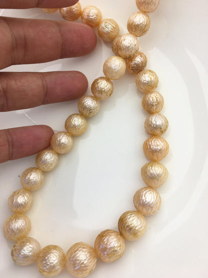 15.5'' AA+ 11-14mm Orange Near Round Carved Freshwater Pearl - Hand Carved - CAC-T26