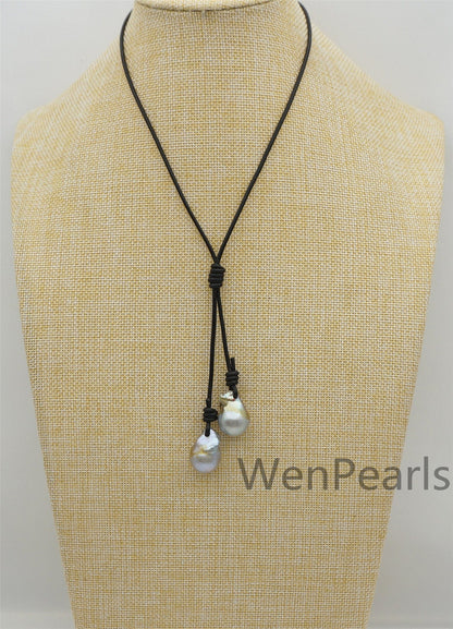 Two Gray Flame ball pearl and leather necklace, Baroque Freshwater Pearl Drop Necklace, Flaming ball pearl necklace, wholesale, Le4-058