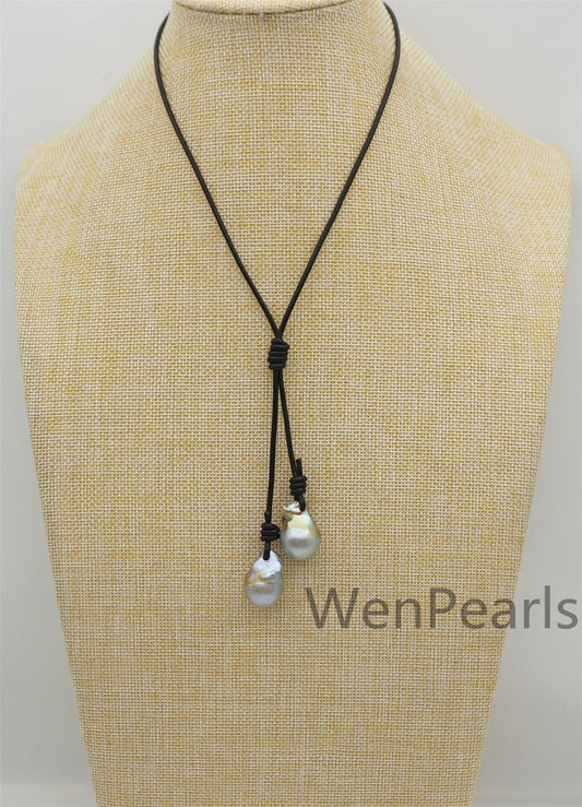 Two Gray Flame ball pearl and leather necklace, Baroque Freshwater Pearl Drop Necklace, Flaming ball pearl necklace, wholesale, Le4-058