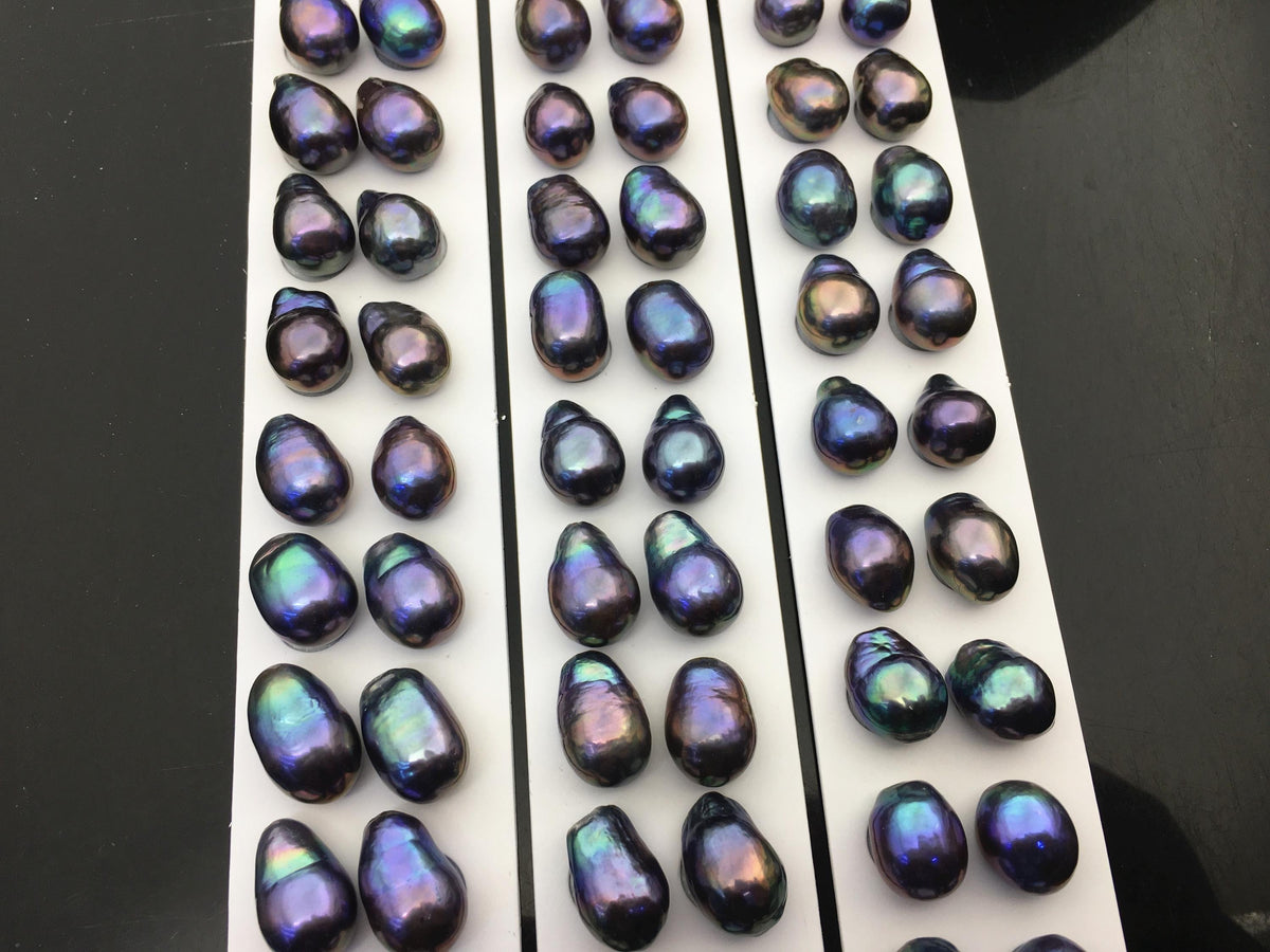 10pairs AAA 11-12mm Black Blue Rainbow baroque drop edison freshwater pearl Pair,top half hole,ED11-3A-2-25