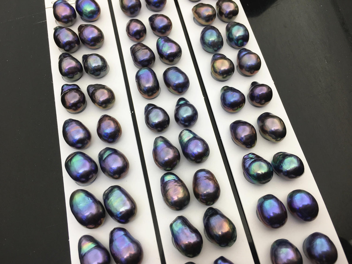 10pairs AAA 11-12mm Black Blue Rainbow baroque drop edison freshwater pearl Pair,top half hole,ED11-3A-2-25