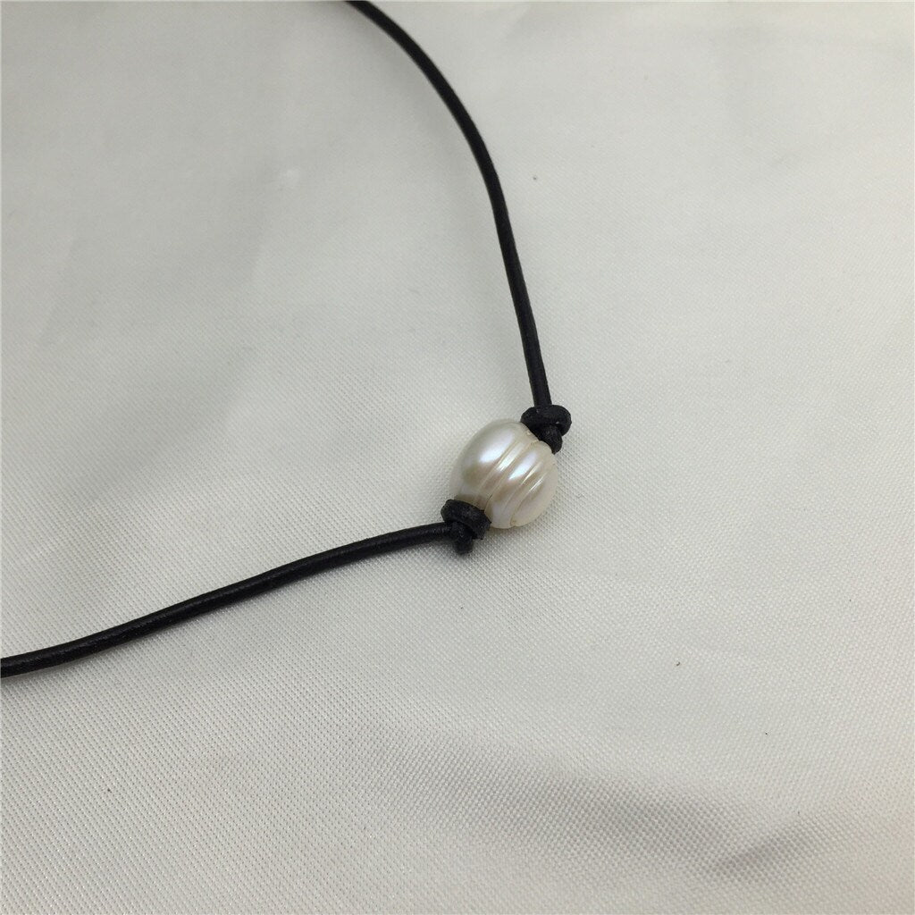 2.99 one necklace, Leather Big Pearl Choker, Pearl Leather Necklace, White Freshwater pearl, Birthday gift, Black Leather Pearl necklace, Le1-003