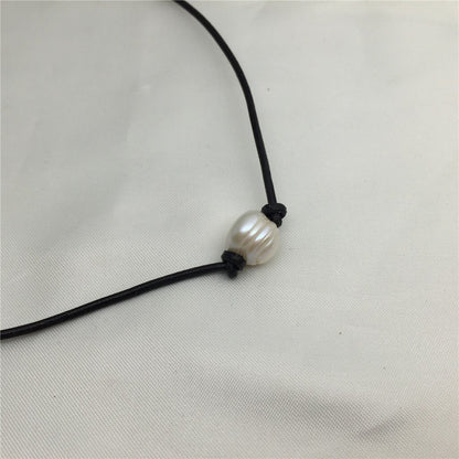 2.99 one necklace, Leather Big Pearl Choker, Pearl Leather Necklace, White Freshwater pearl, Birthday gift, Black Leather Pearl necklace, Le1-003