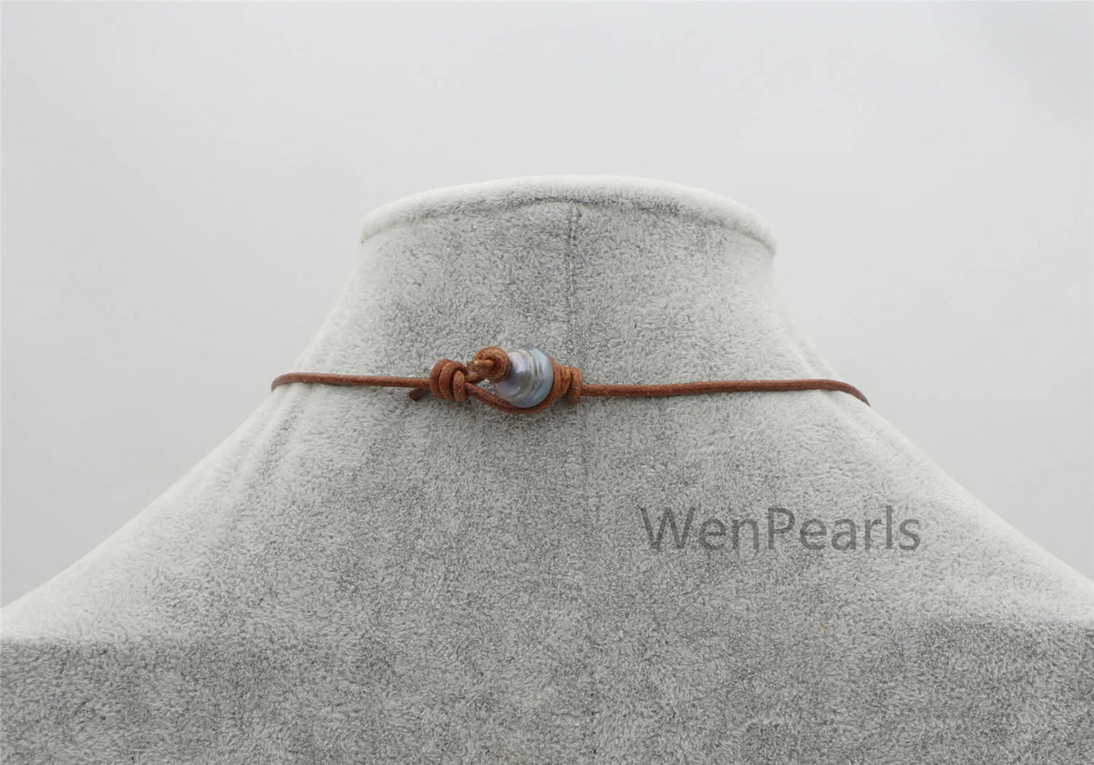 Deep Blue Big Rice pearl leather drop necklace,Pearl and Leather Lariat Necklace,Leather Pearl necklace,Le4-100