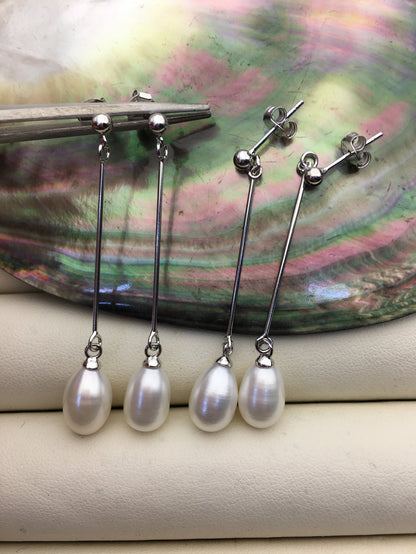 AAA 8mm White rice pearl Tassels dangle earrings,S925 Sterling Silver pearl earrings,pearl for women,SE3-169